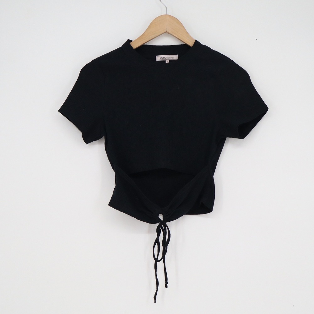 BCBGeneration Womens Black Ribbed Cutout Tie Front Short Sleeve Crop Top XS